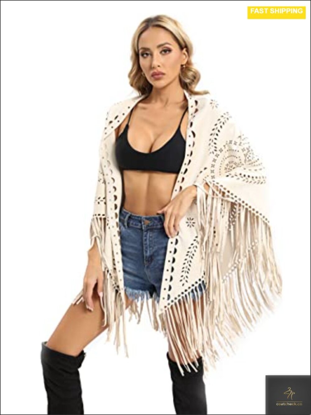 Faux Suede Laser Cut Triangle Stole Scarf Cape Shawl with Tassel